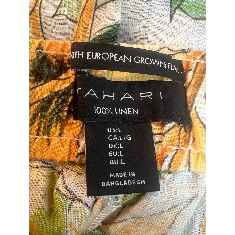 Tahari Womens L 100% Linen Tropical Floral Wide Leg Pants Yellow Green High Rise - Picture 3 of 7